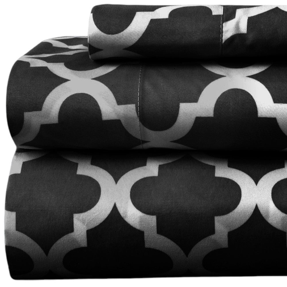 Three Piece Black and White Quatrefoil Microfiber Twin Sheet Set