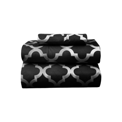 Three Piece Black and White Quatrefoil Microfiber Twin Sheet Set