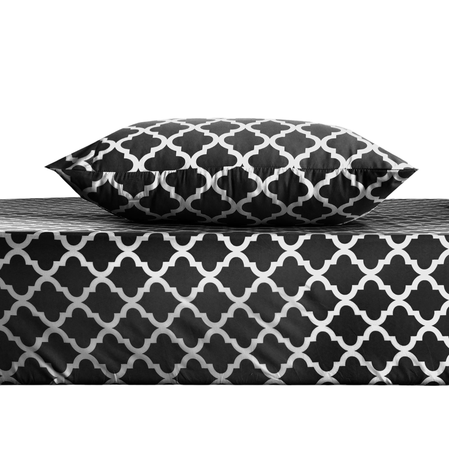 Three Piece Black and White Quatrefoil Microfiber Twin Sheet Set