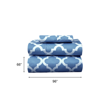 Three Piece Blue and White Quatrefoil Microfiber Twin Sheet Set