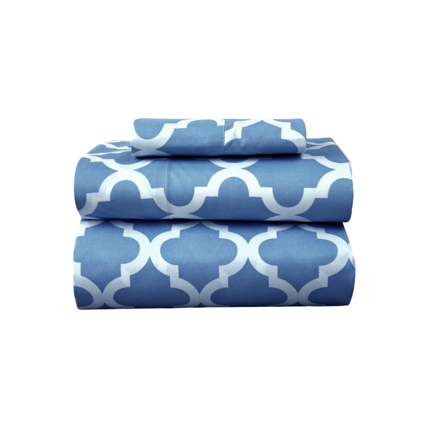 Three Piece Blue and White Quatrefoil Microfiber Twin Sheet Set