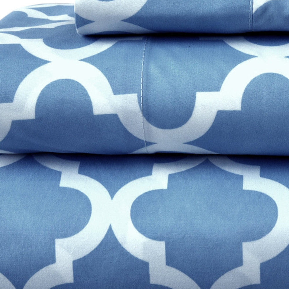 Three Piece Blue and White Quatrefoil Microfiber Twin Sheet Set