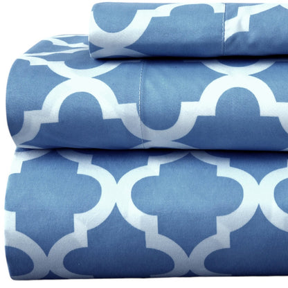 Three Piece Blue and White Quatrefoil Microfiber Twin Sheet Set