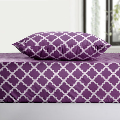 Three Piece Purple and White Quatrefoil Microfiber Twin Sheet Set