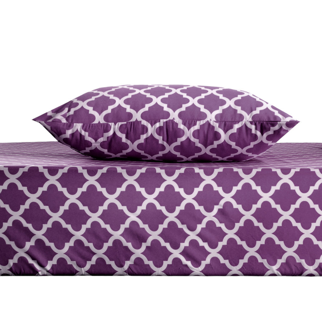 Three Piece Purple and White Quatrefoil Microfiber Twin Sheet Set