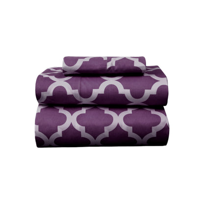 Three Piece Purple and White Quatrefoil Microfiber Twin Sheet Set