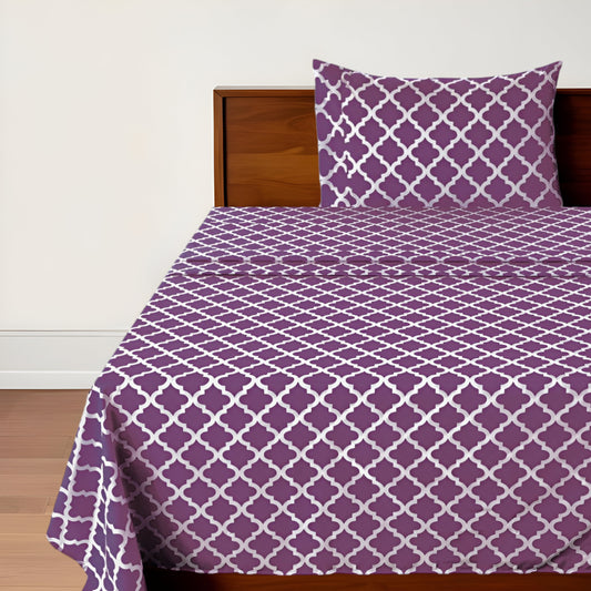 Three Piece Purple and White Quatrefoil Microfiber Twin Sheet Set