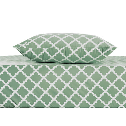 Three Piece Green and White Quatrefoil Microfiber Twin Sheet Set