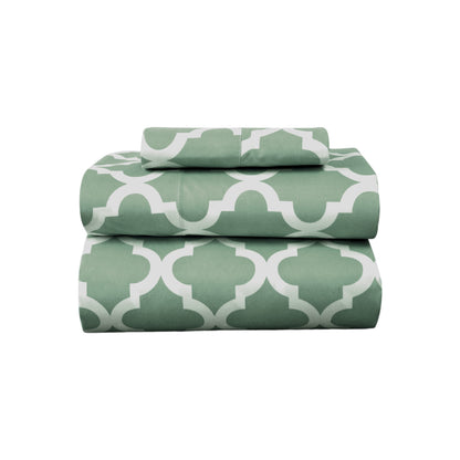 Three Piece Green and White Quatrefoil Microfiber Twin Sheet Set