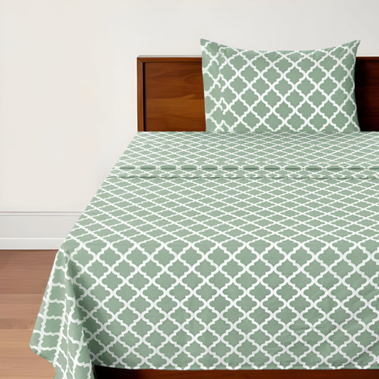 Three Piece Green and White Quatrefoil Microfiber Twin Sheet Set