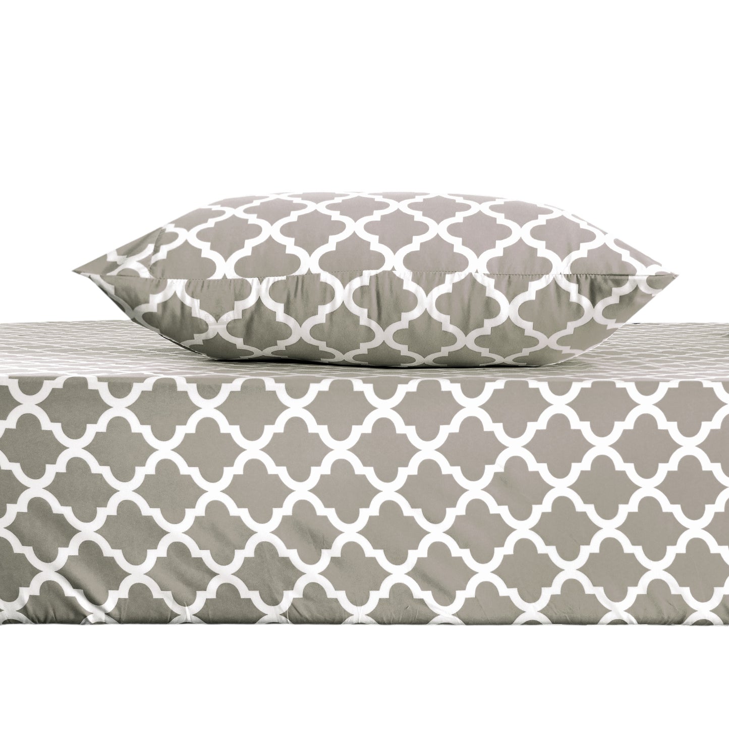 Three Piece Beige and White Quatrefoil Microfiber Twin Sheet Set