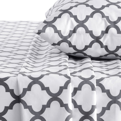 Three Piece White and Charcoal Quatrefoil Microfiber Twin Sheet Set