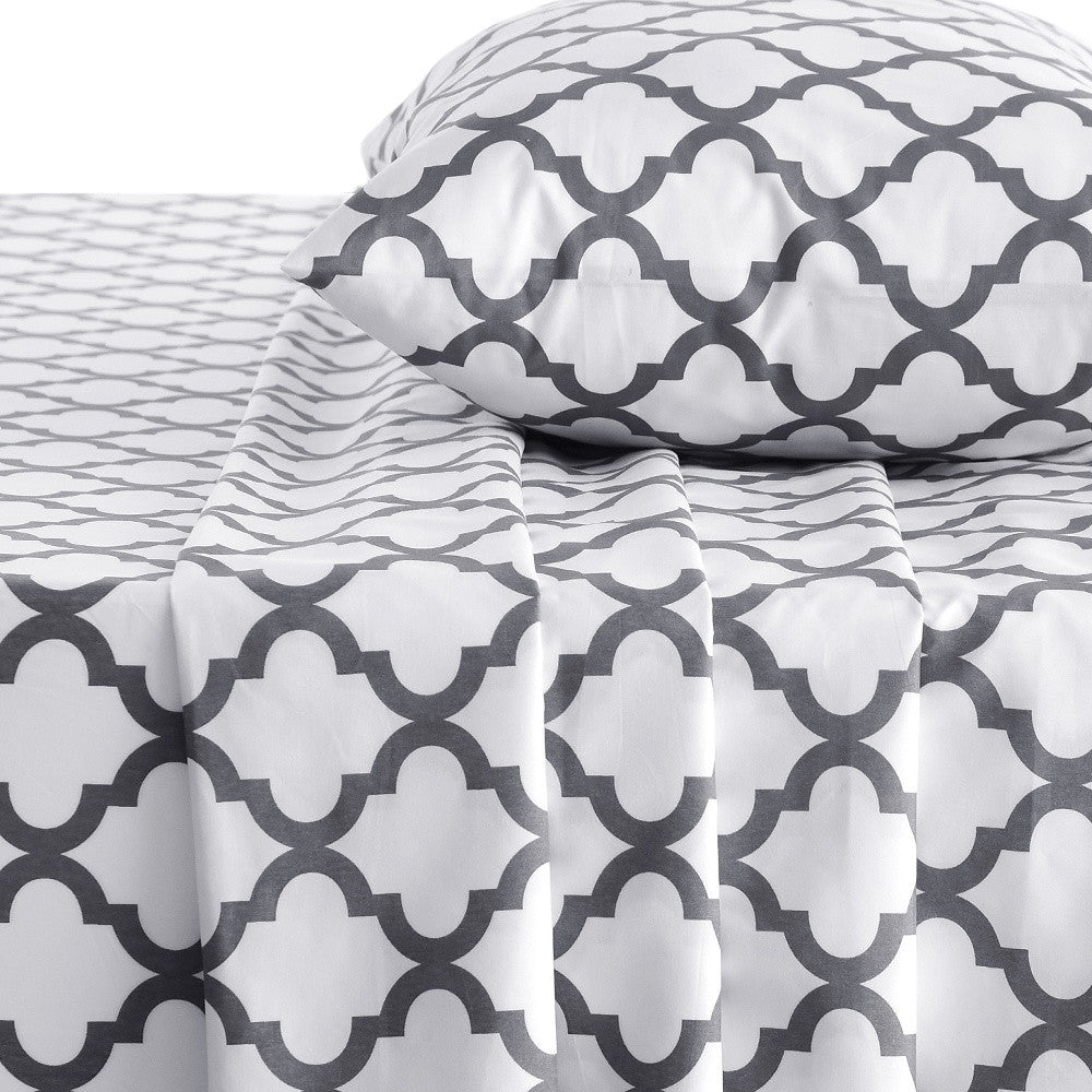 Three Piece White and Charcoal Quatrefoil Microfiber Twin Sheet Set