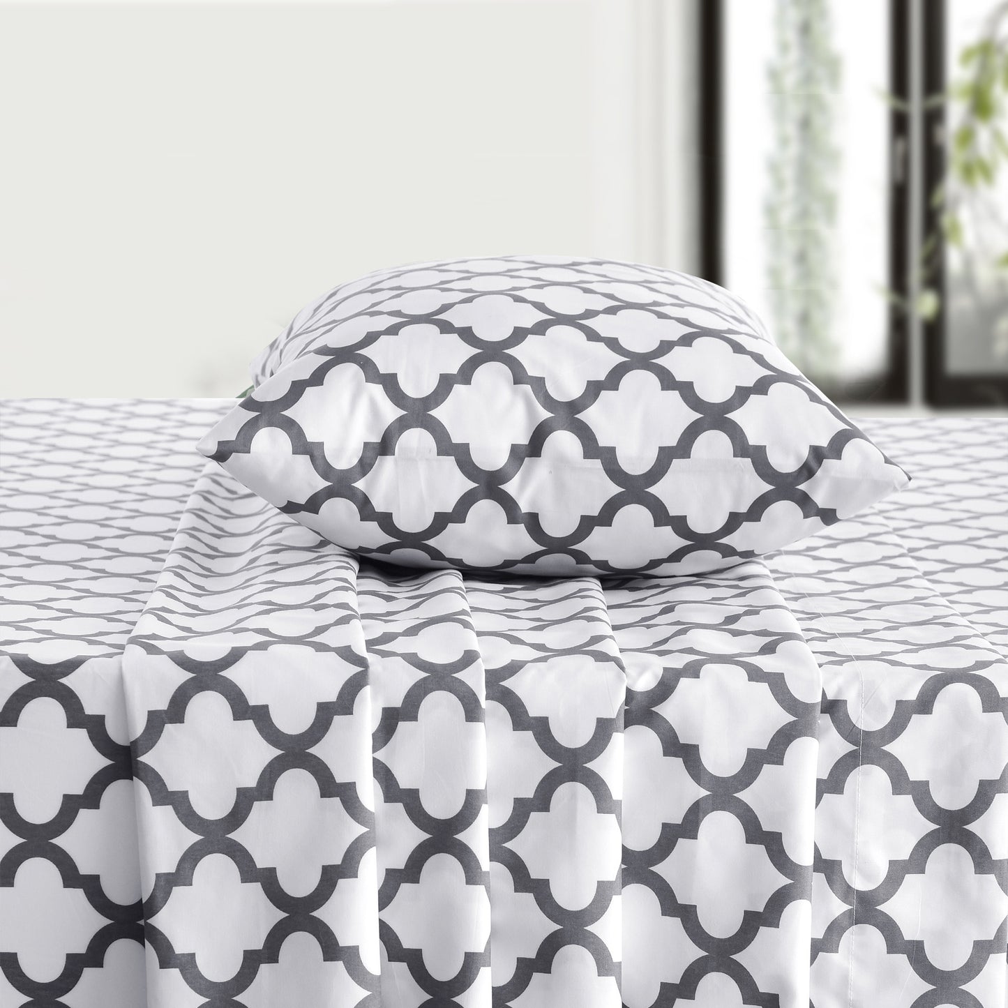 Three Piece White and Charcoal Quatrefoil Microfiber Twin Sheet Set