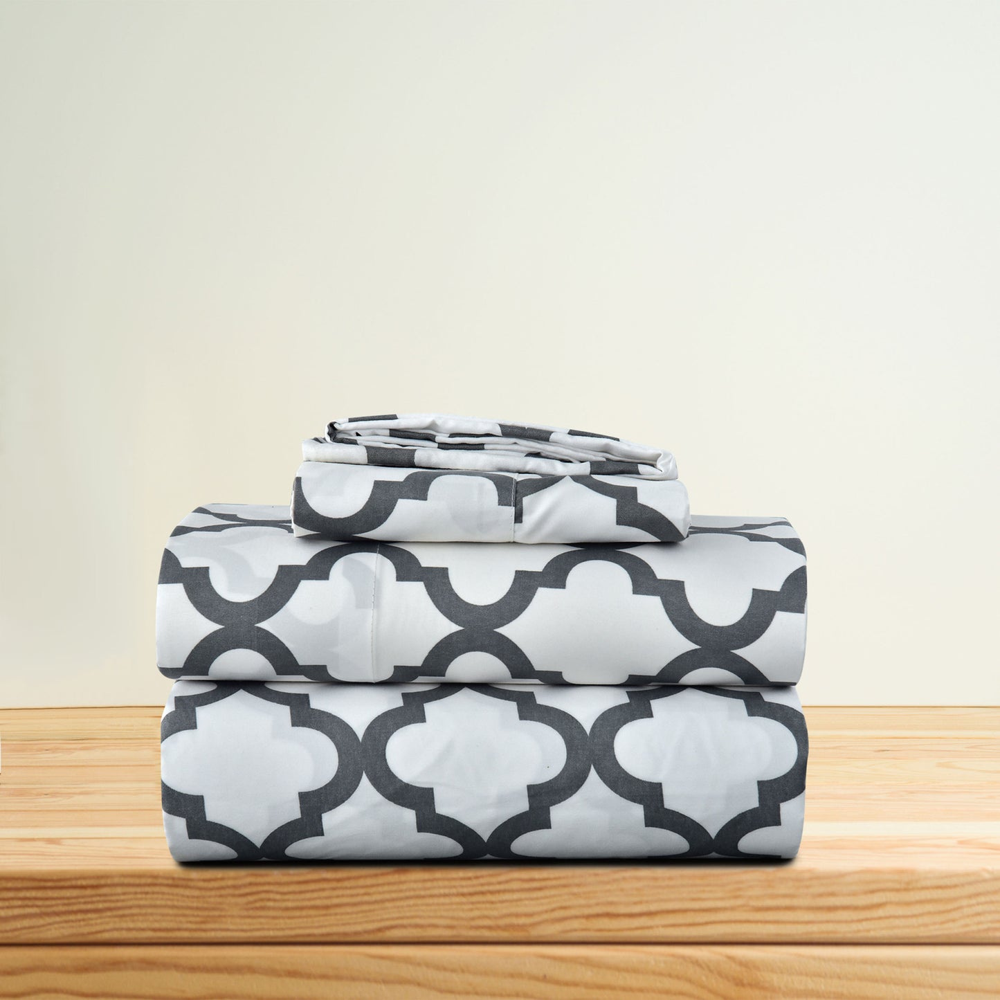 Three Piece White and Charcoal Quatrefoil Microfiber Twin Sheet Set