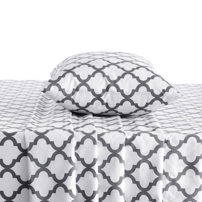 Three Piece White and Charcoal Quatrefoil Microfiber Twin Sheet Set