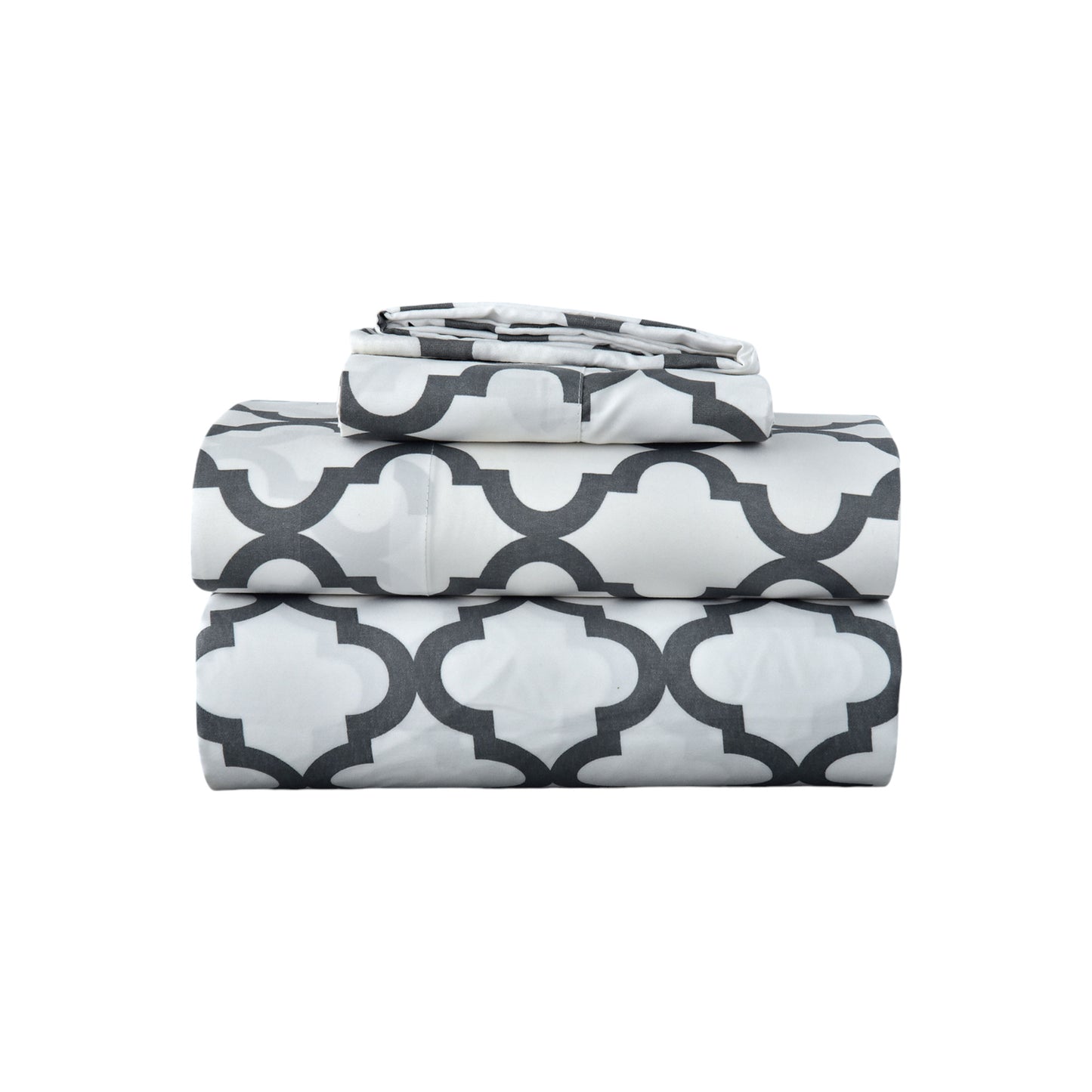 Three Piece White and Charcoal Quatrefoil Microfiber Twin Sheet Set