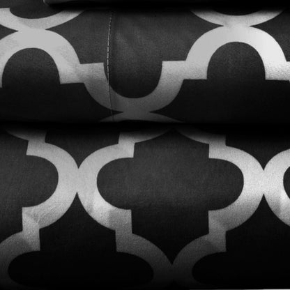 Three Piece Black and White Quatrefoil Microfiber Twin XL Sheet Set