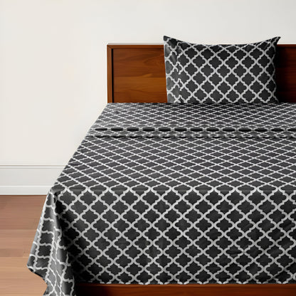 Three Piece Black and White Quatrefoil Microfiber Twin XL Sheet Set