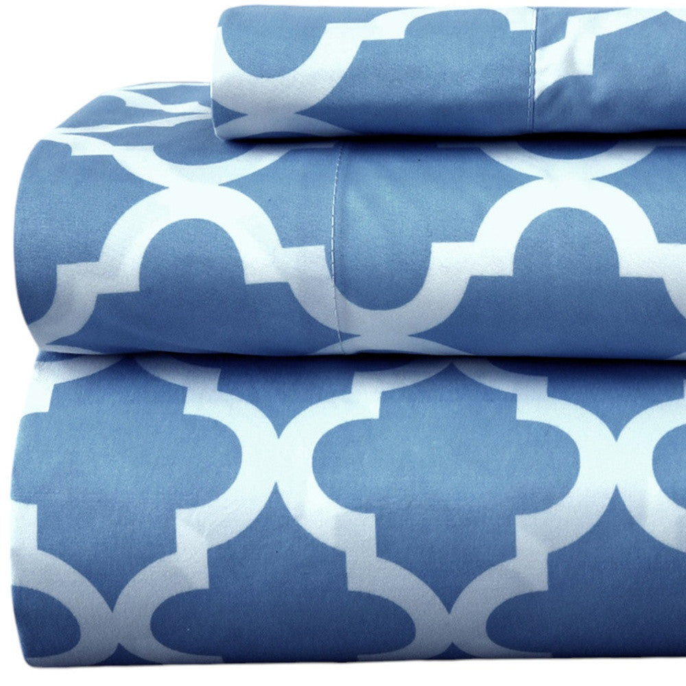 Three Piece Blue and White Quatrefoil Microfiber Twin XL Sheet Set