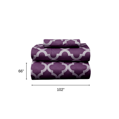 Three Piece Purple and White Quatrefoil Microfiber Twin XL Sheet Set