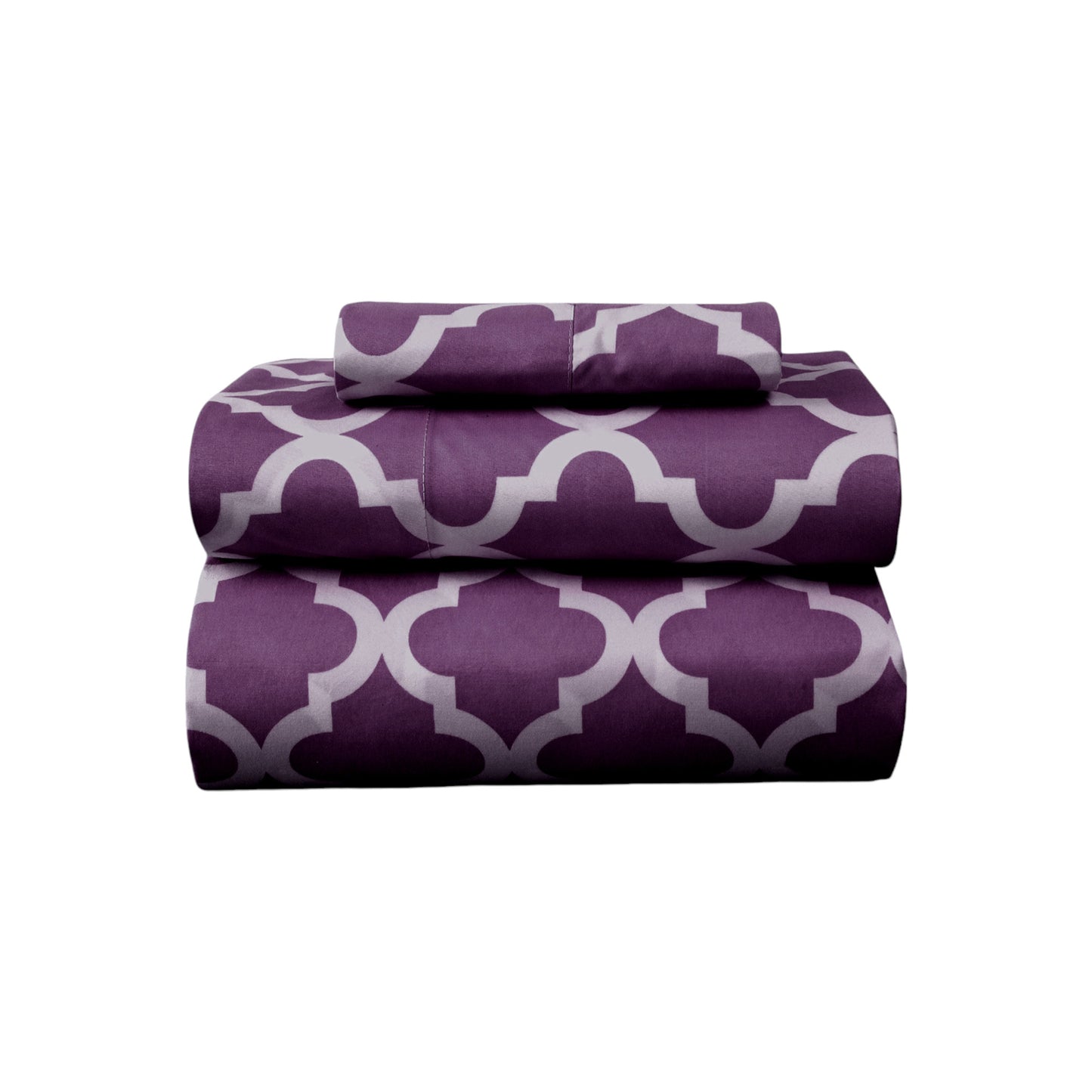 Three Piece Purple and White Quatrefoil Microfiber Twin XL Sheet Set