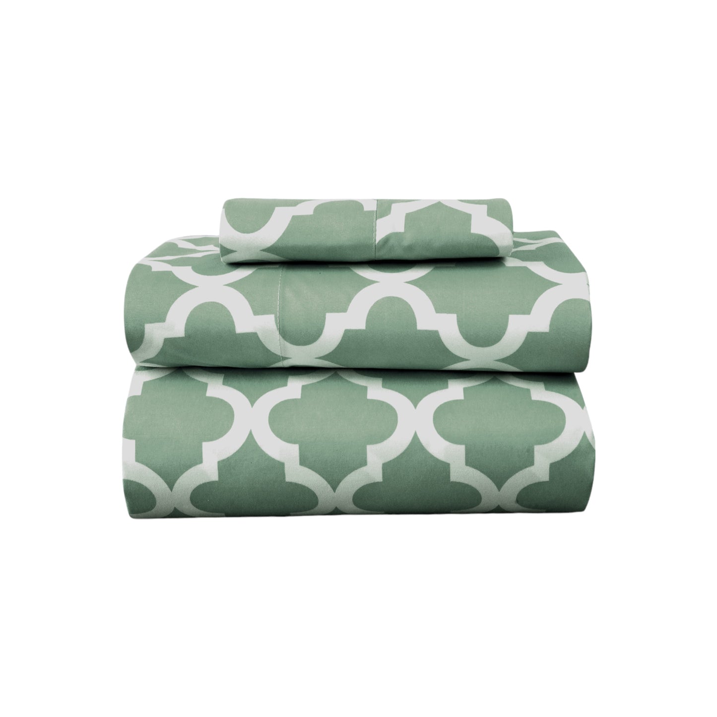 Three Piece Green and White Quatrefoil Microfiber Twin XL Sheet Set