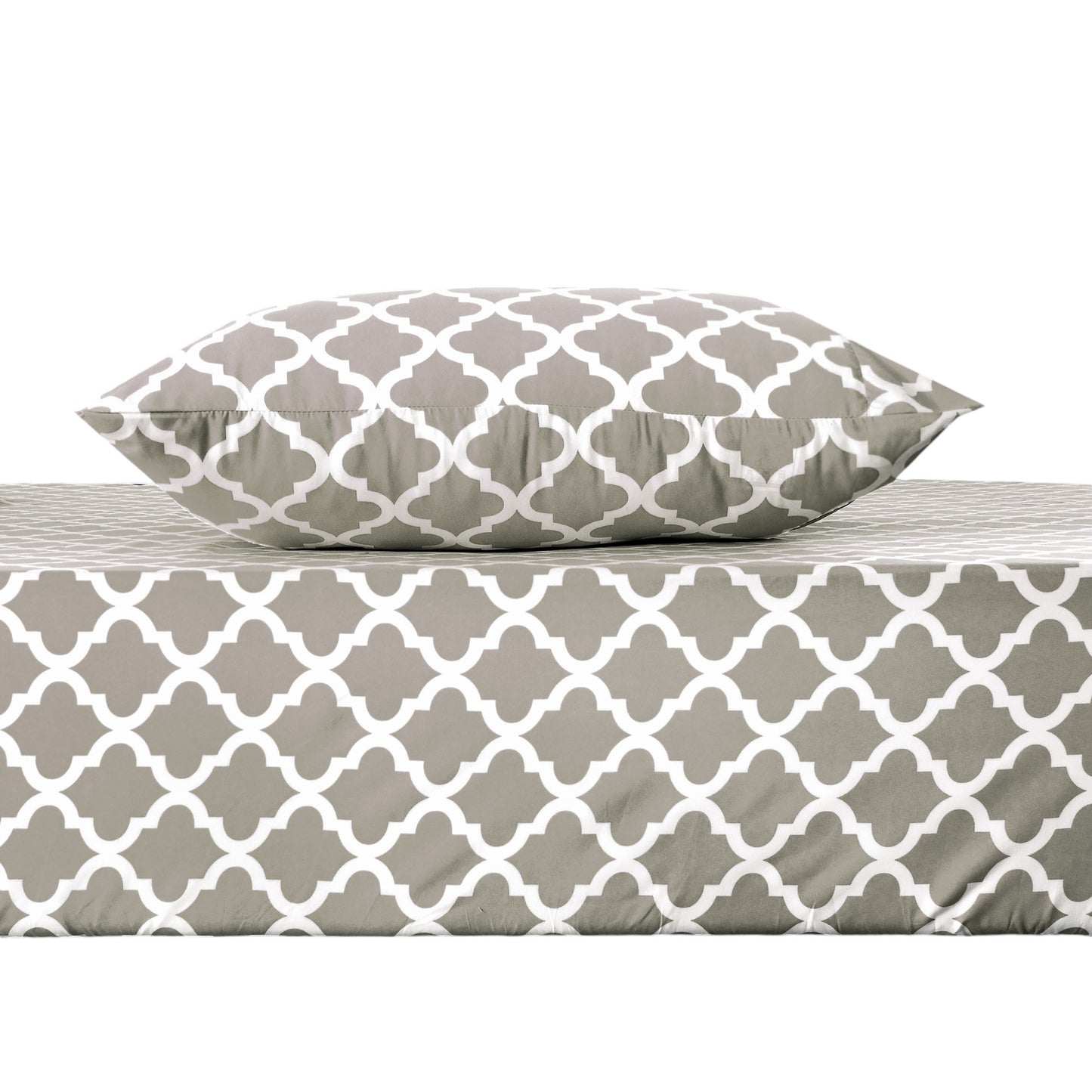 Three Piece Beige and White Quatrefoil Microfiber Twin XL Sheet Set