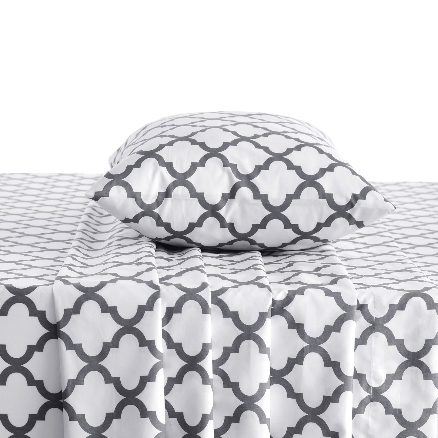 Three Piece White and Charcoal Quatrefoil Microfiber Twin XL Sheet Set