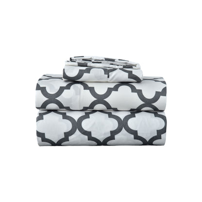 Three Piece White and Charcoal Quatrefoil Microfiber Twin XL Sheet Set