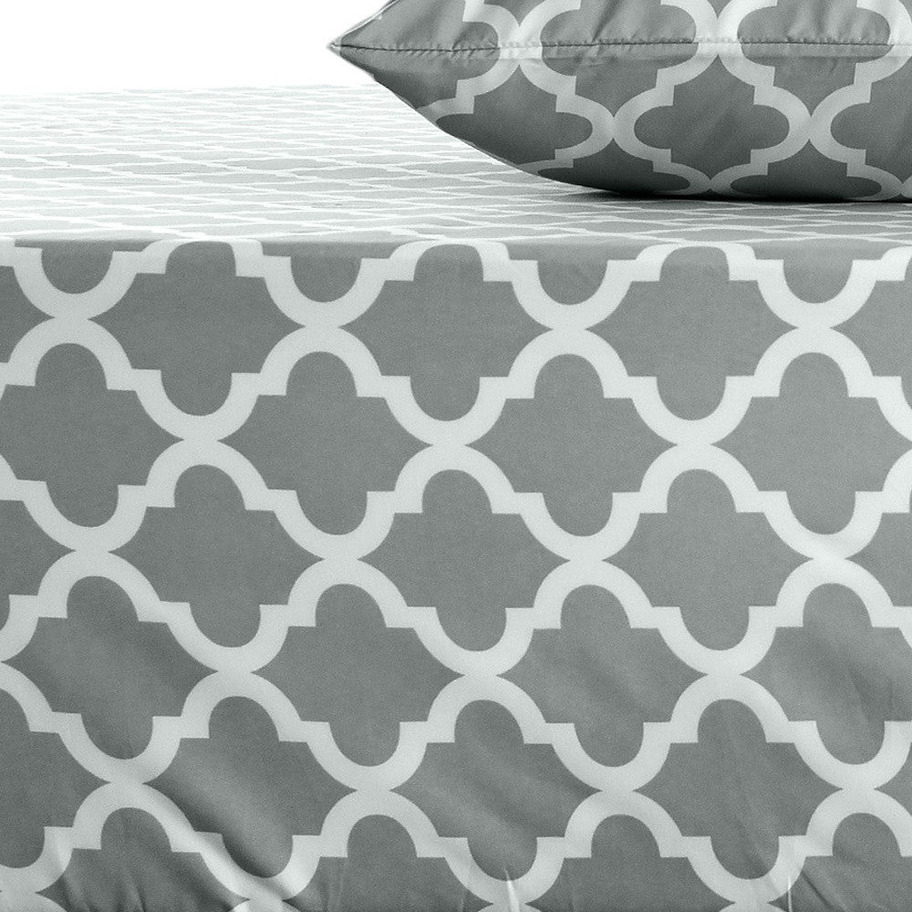 Four Piece Gray and White Quatrefoil Microfiber California King Sheet Set