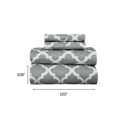 Four Piece Gray and White Quatrefoil Microfiber California King Sheet Set