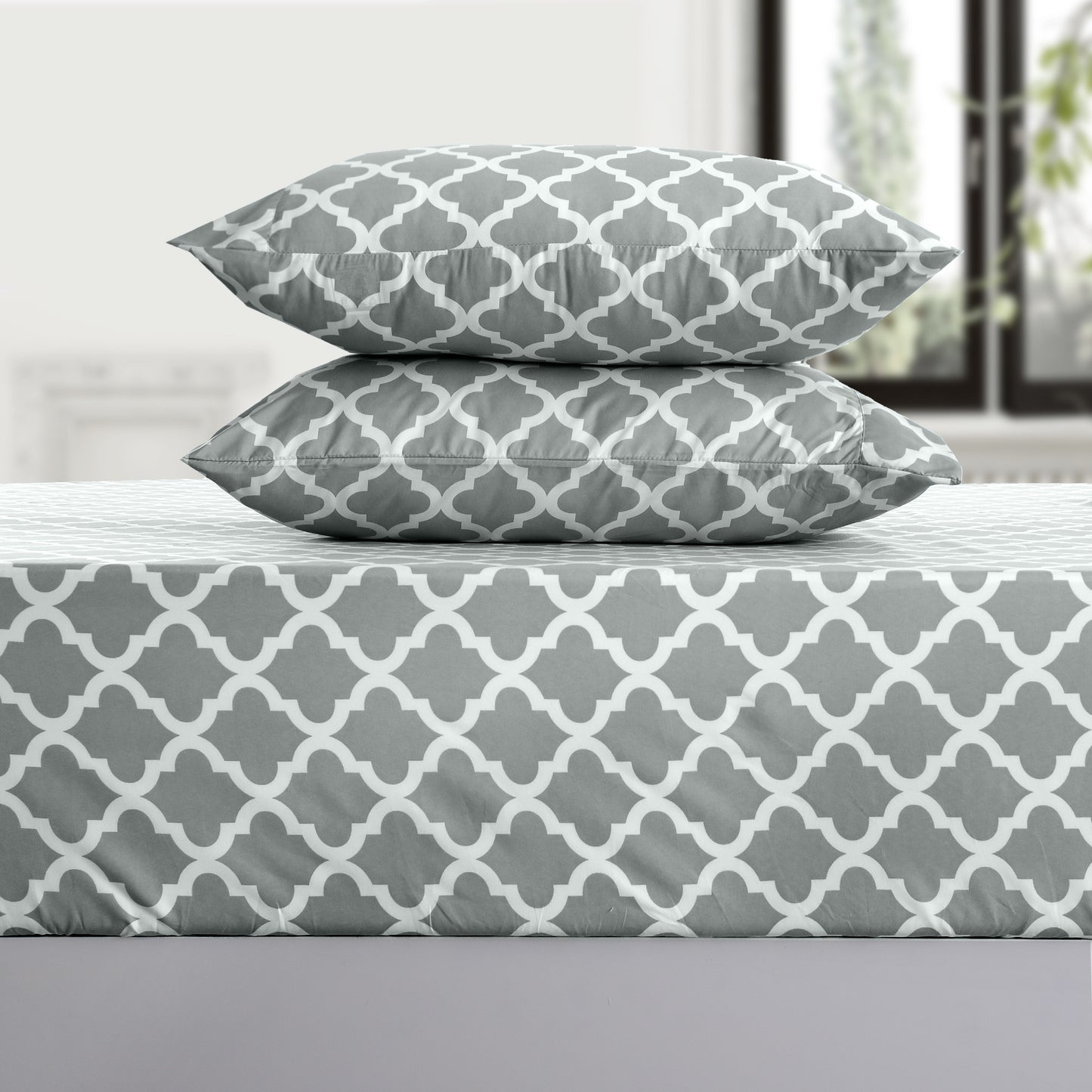 Four Piece Gray and White Quatrefoil Microfiber California King Sheet Set