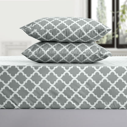 Four Piece Gray and White Quatrefoil Microfiber California King Sheet Set