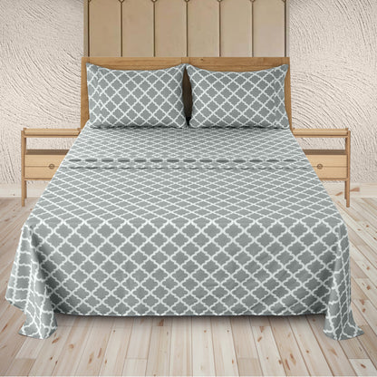 Four Piece Gray and White Quatrefoil Microfiber California King Sheet Set