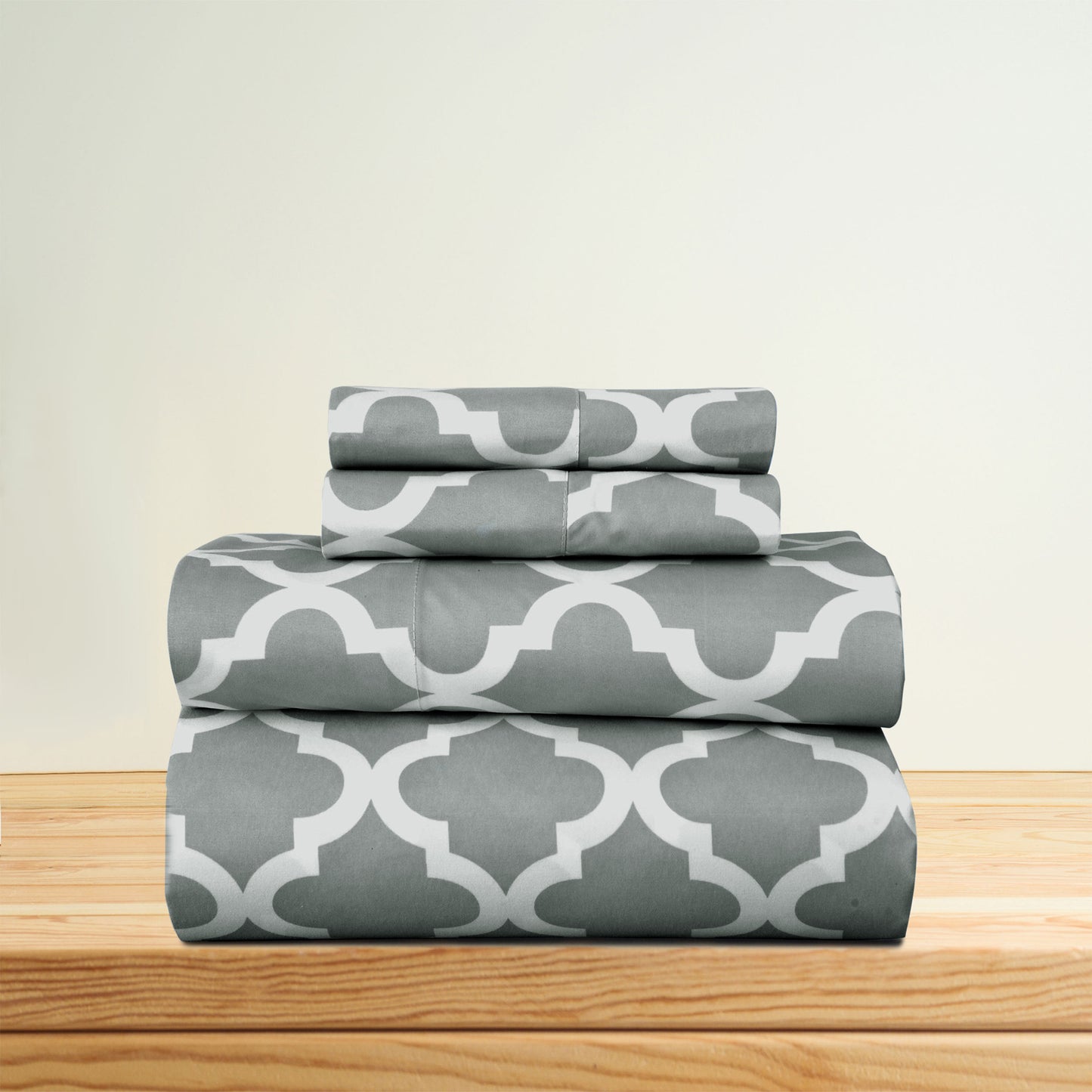 Four Piece Gray and White Quatrefoil Microfiber California King Sheet Set