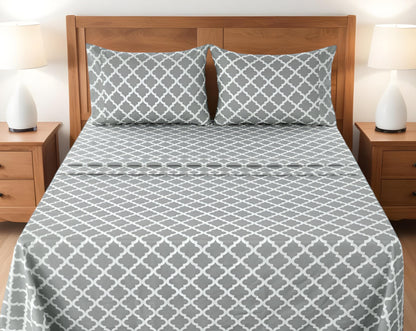 Four Piece Gray and White Quatrefoil Microfiber California King Sheet Set