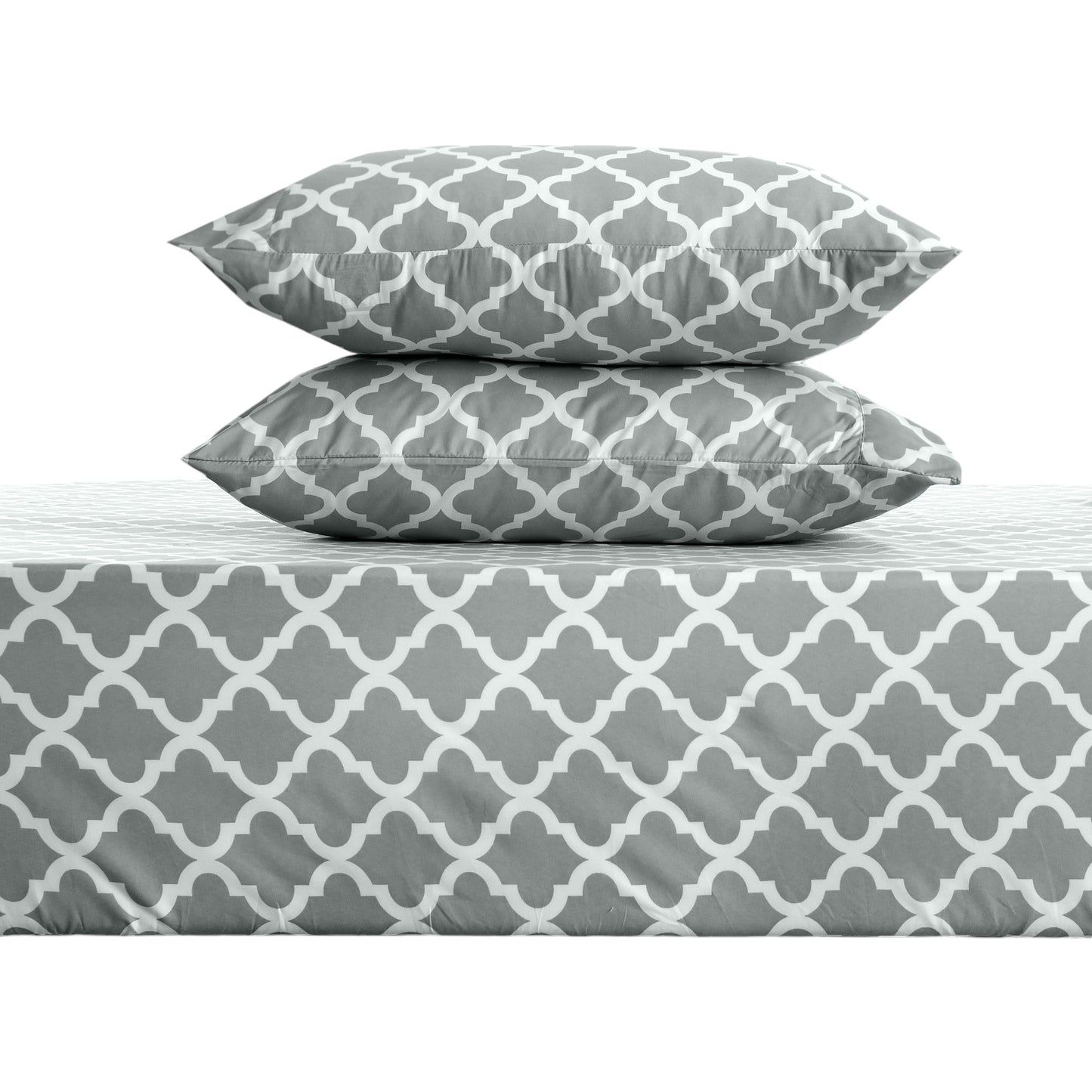 Four Piece Gray and White Quatrefoil Microfiber California King Sheet Set