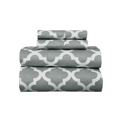 Four Piece Gray and White Quatrefoil Microfiber California King Sheet Set