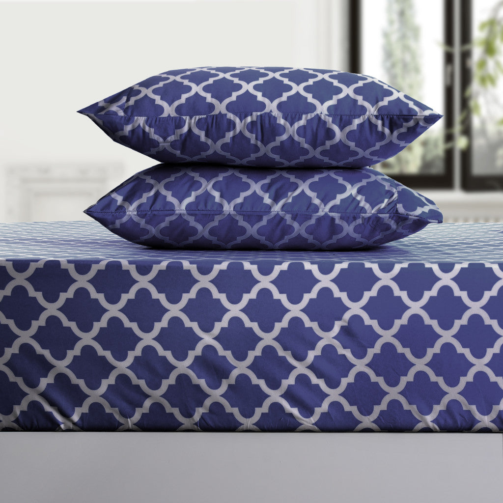 Four Piece Navy and White Quatrefoil Microfiber California King Sheet Set