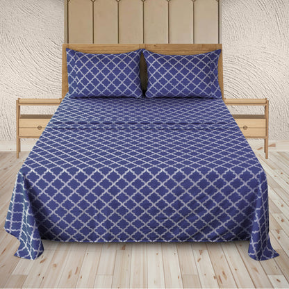 Four Piece Navy and White Quatrefoil Microfiber California King Sheet Set