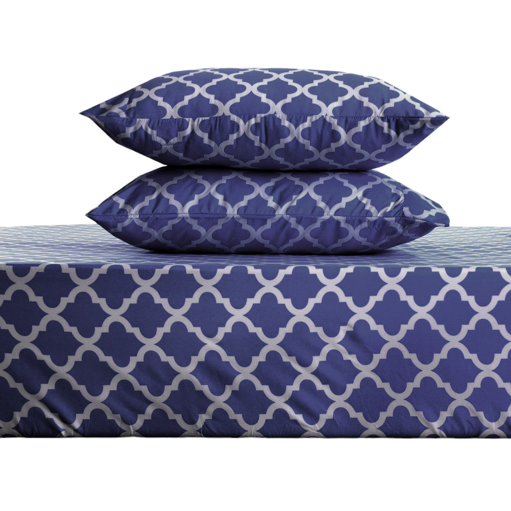 Four Piece Navy and White Quatrefoil Microfiber California King Sheet Set