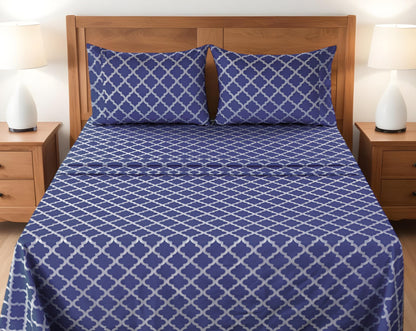 Four Piece Navy and White Quatrefoil Microfiber California King Sheet Set