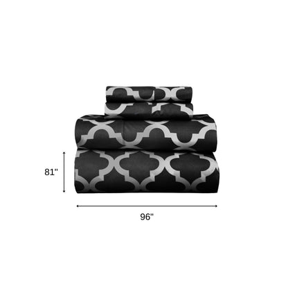 Four Piece Black and White Quatrefoil Microfiber Full Double Sheet Set