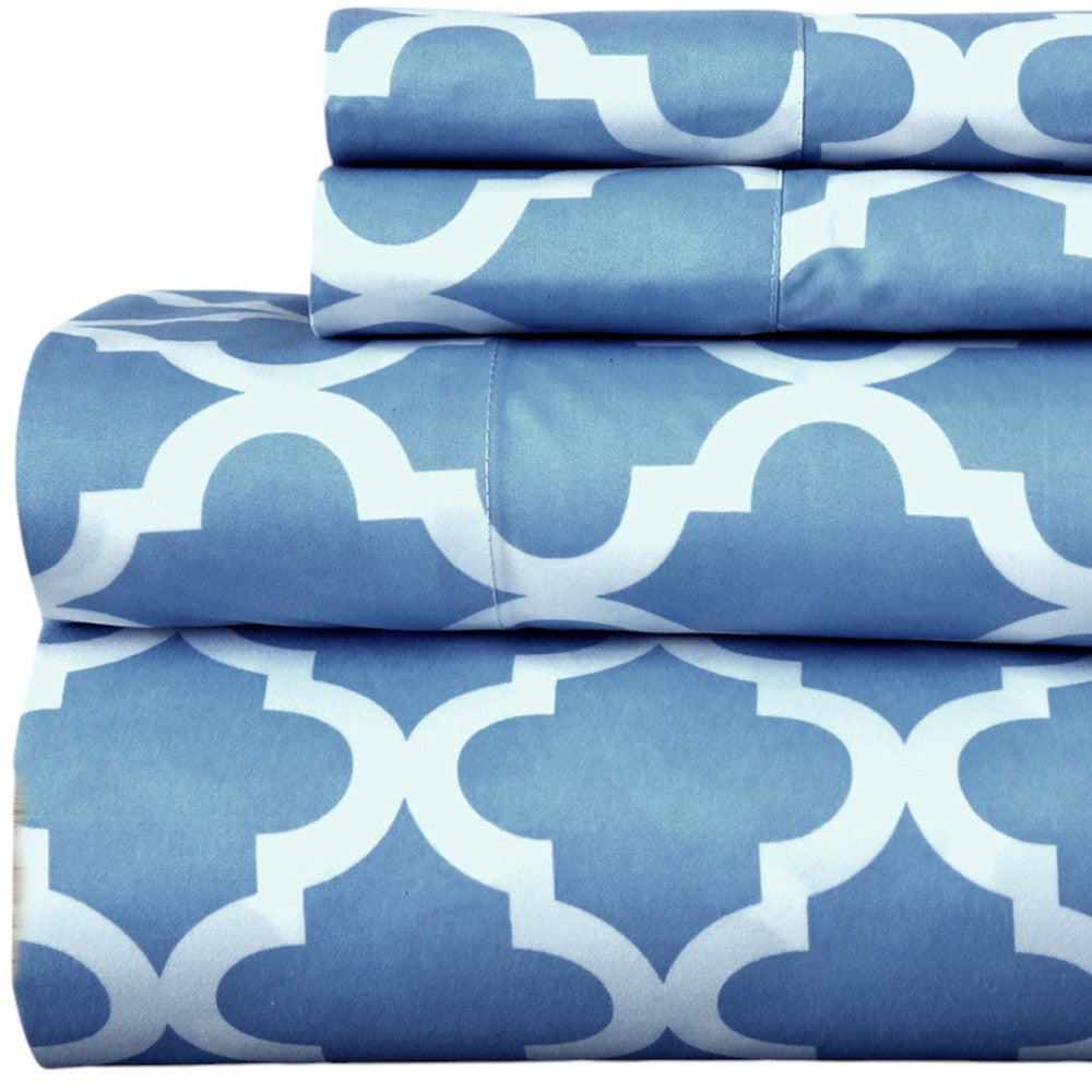 Four Piece Blue and White Quatrefoil Microfiber Full Double Sheet Set