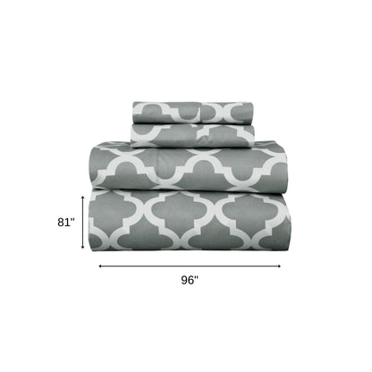 Four Piece Gray and White Quatrefoil Microfiber Full Double Sheet Set