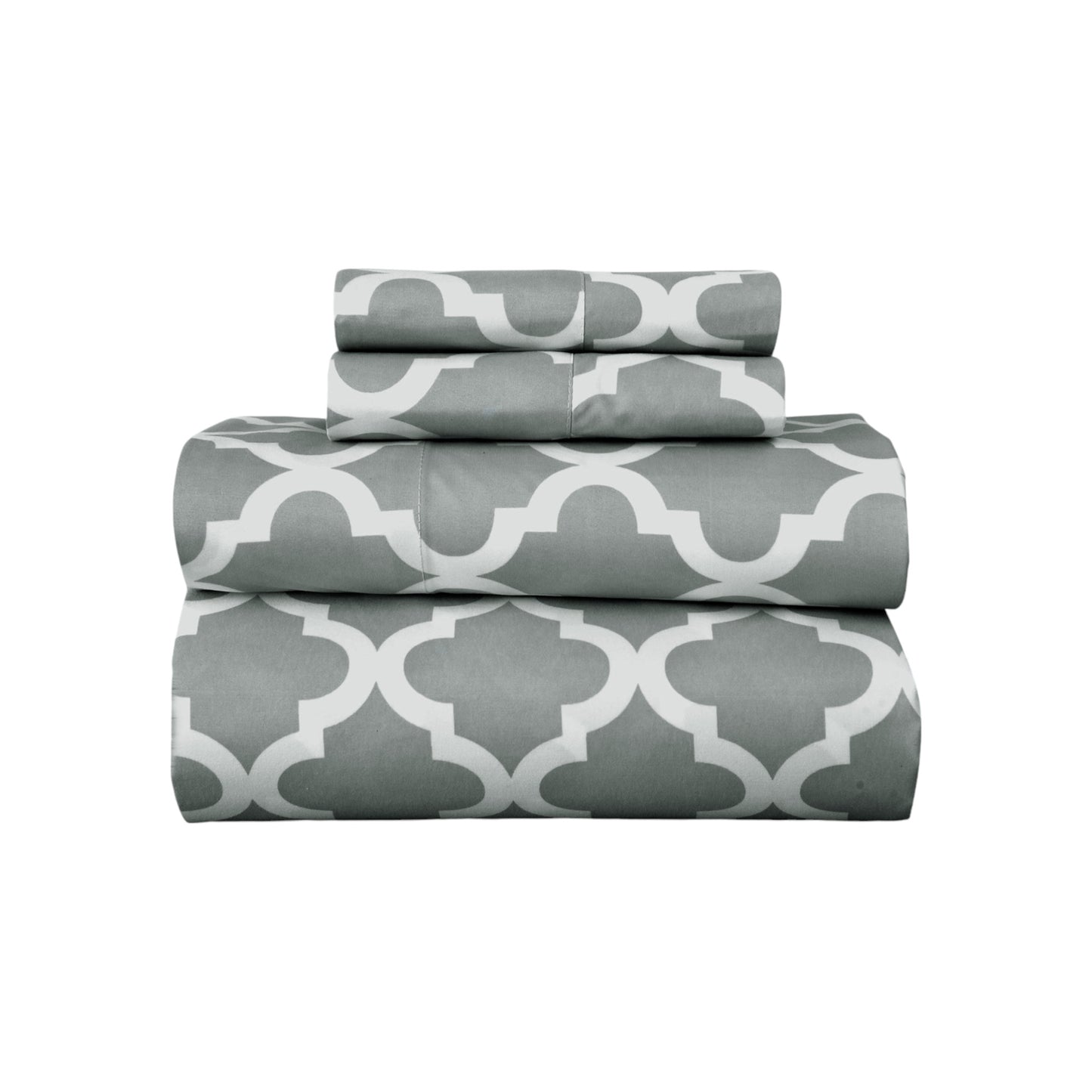 Four Piece Gray and White Quatrefoil Microfiber Full Double Sheet Set