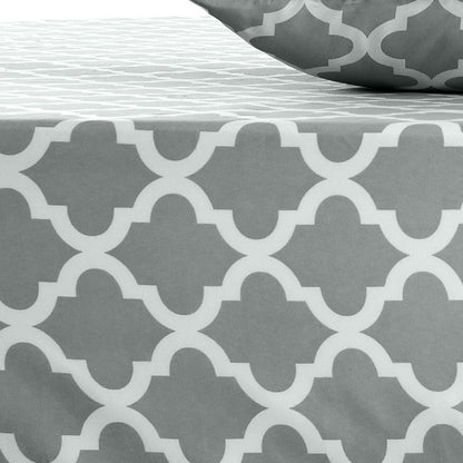 Four Piece Gray and White Quatrefoil Microfiber Full Double Sheet Set