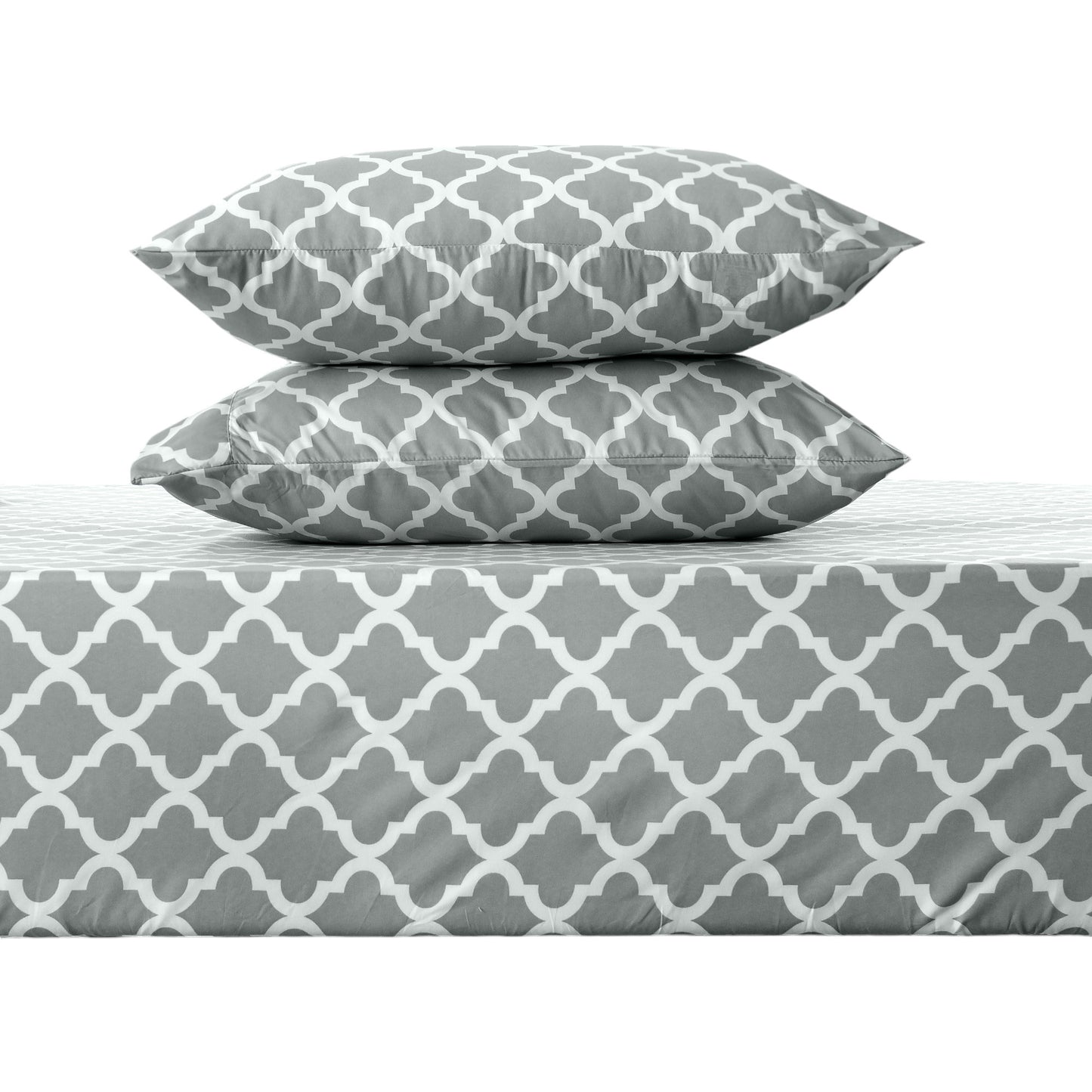 Four Piece Gray and White Quatrefoil Microfiber Full Double Sheet Set