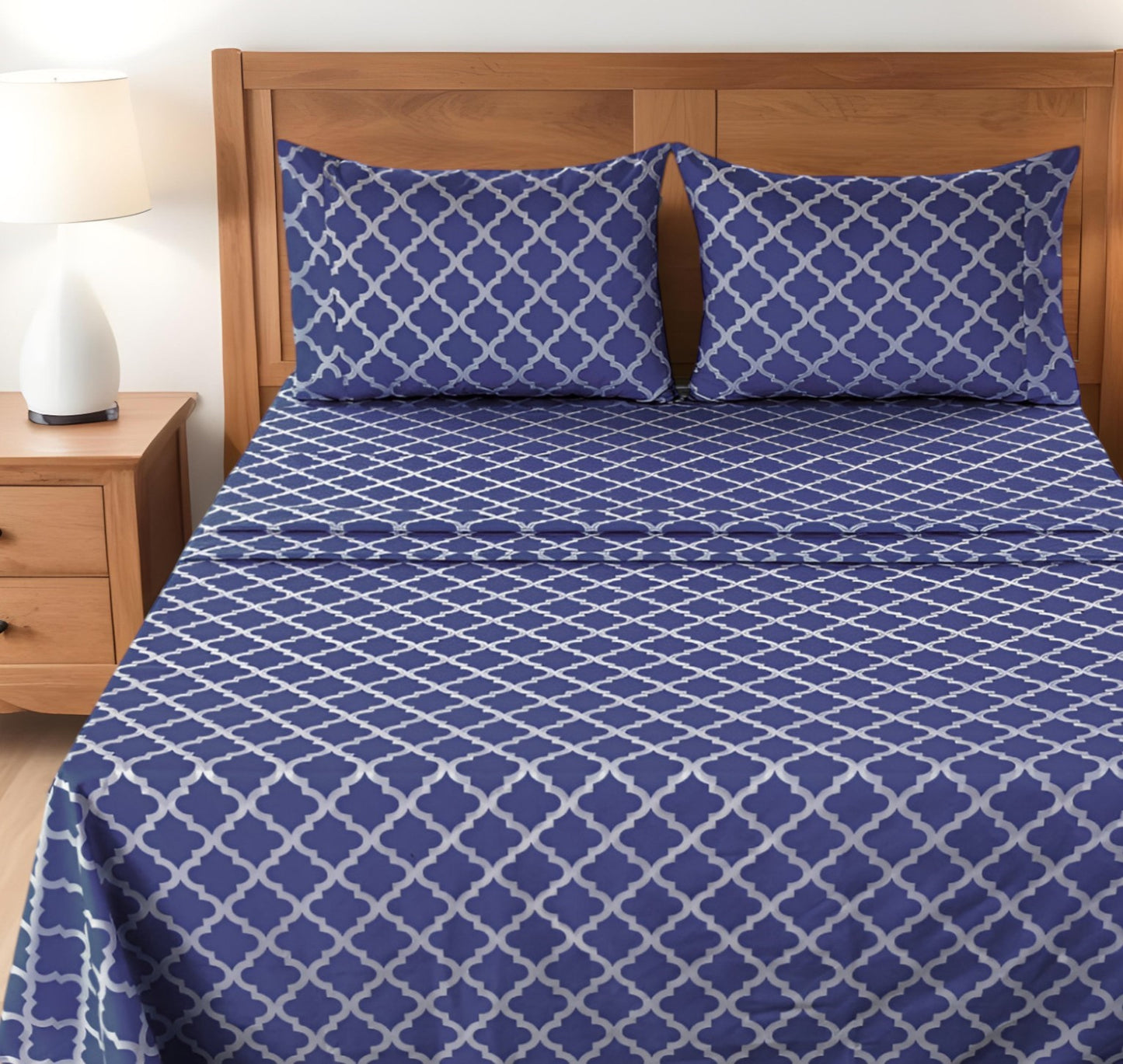 Four Piece Navy and White Quatrefoil Microfiber Full Double Sheet Set